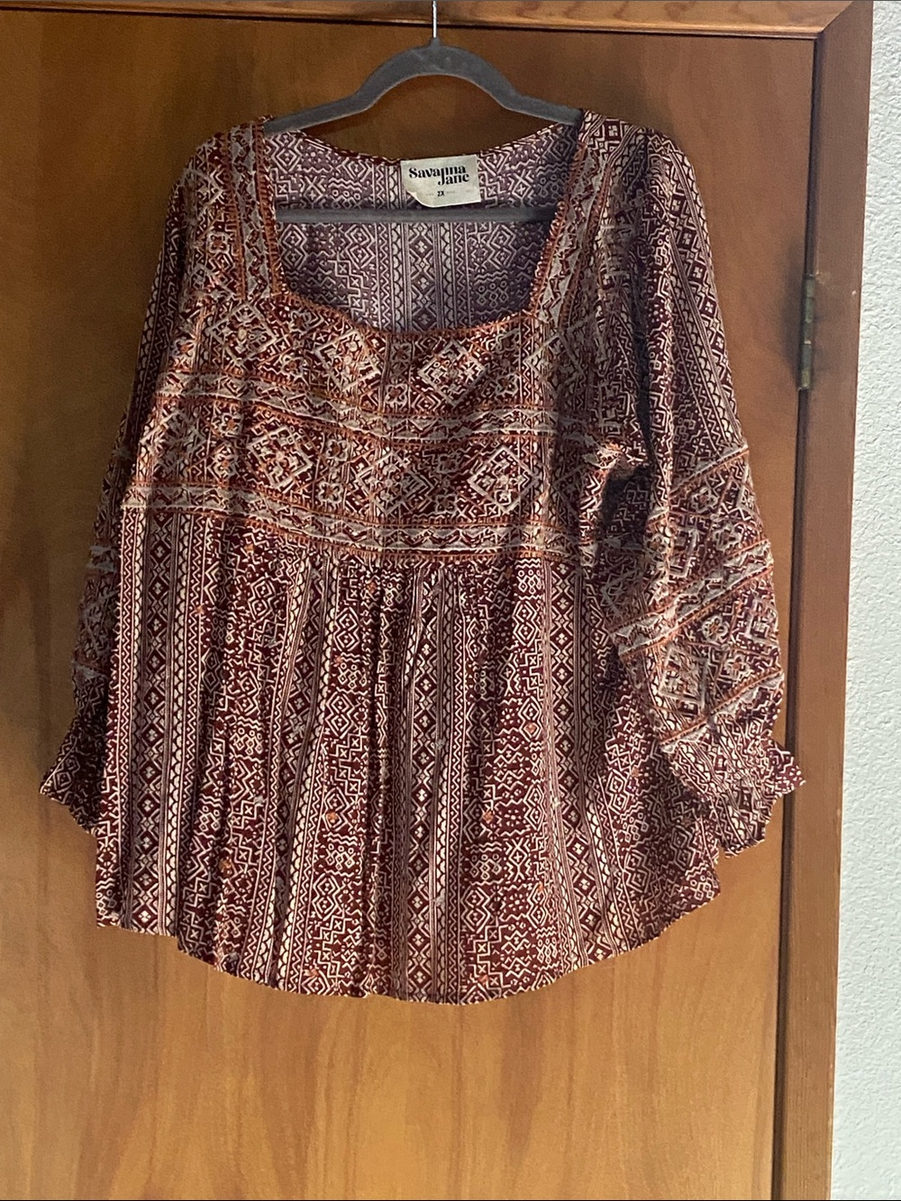 Savanna Jane Maroon Geometric Boho Peasant Blouse